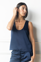 Satin Scoop Neck Tank in Black
