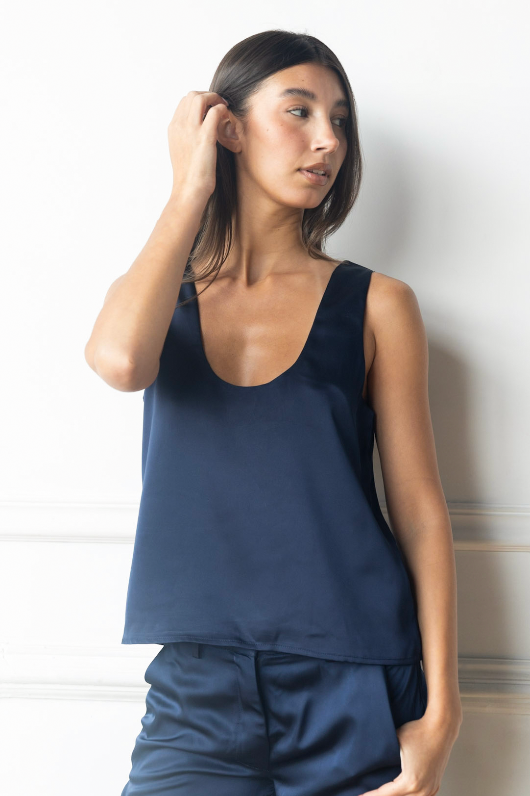 Satin Scoop Neck Tank in Black