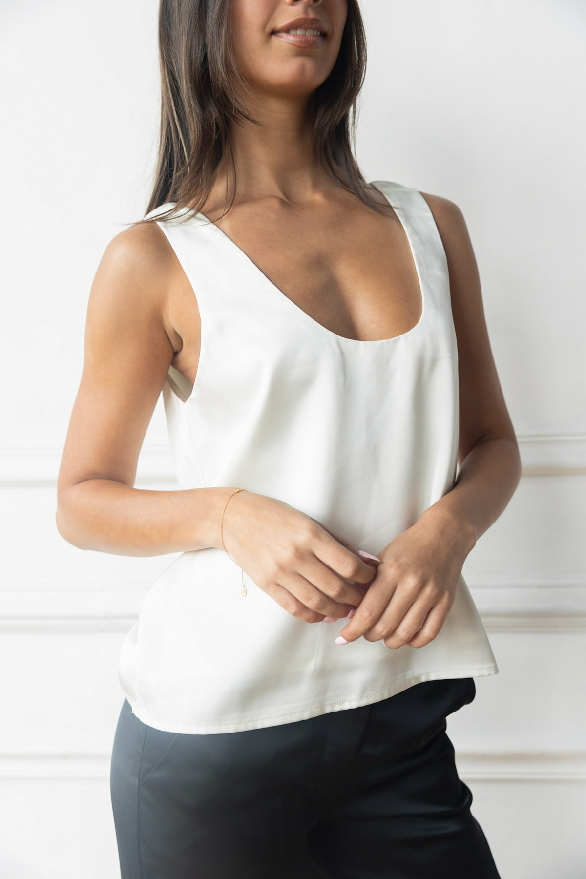 Satin Scoop Neck Tank in White