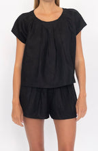 Linen Short Sleeve Top in Black