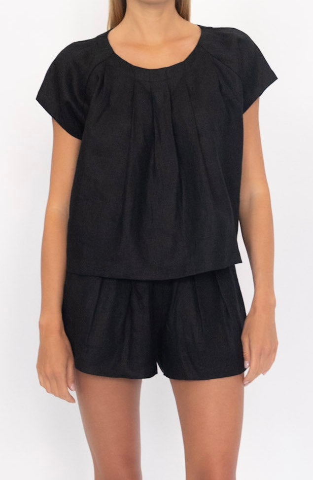 Linen Short Sleeve Top in Black