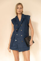 Linen Sleeveless Trench in Navy
